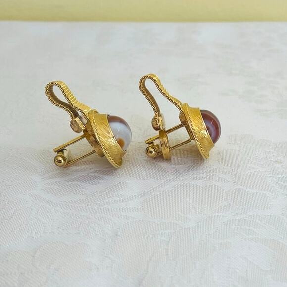 Vintage 70s DANTE Oval Banded Agate Cufflinks Cabochon Gold Tone Cuff Links - Picture 6 of 9